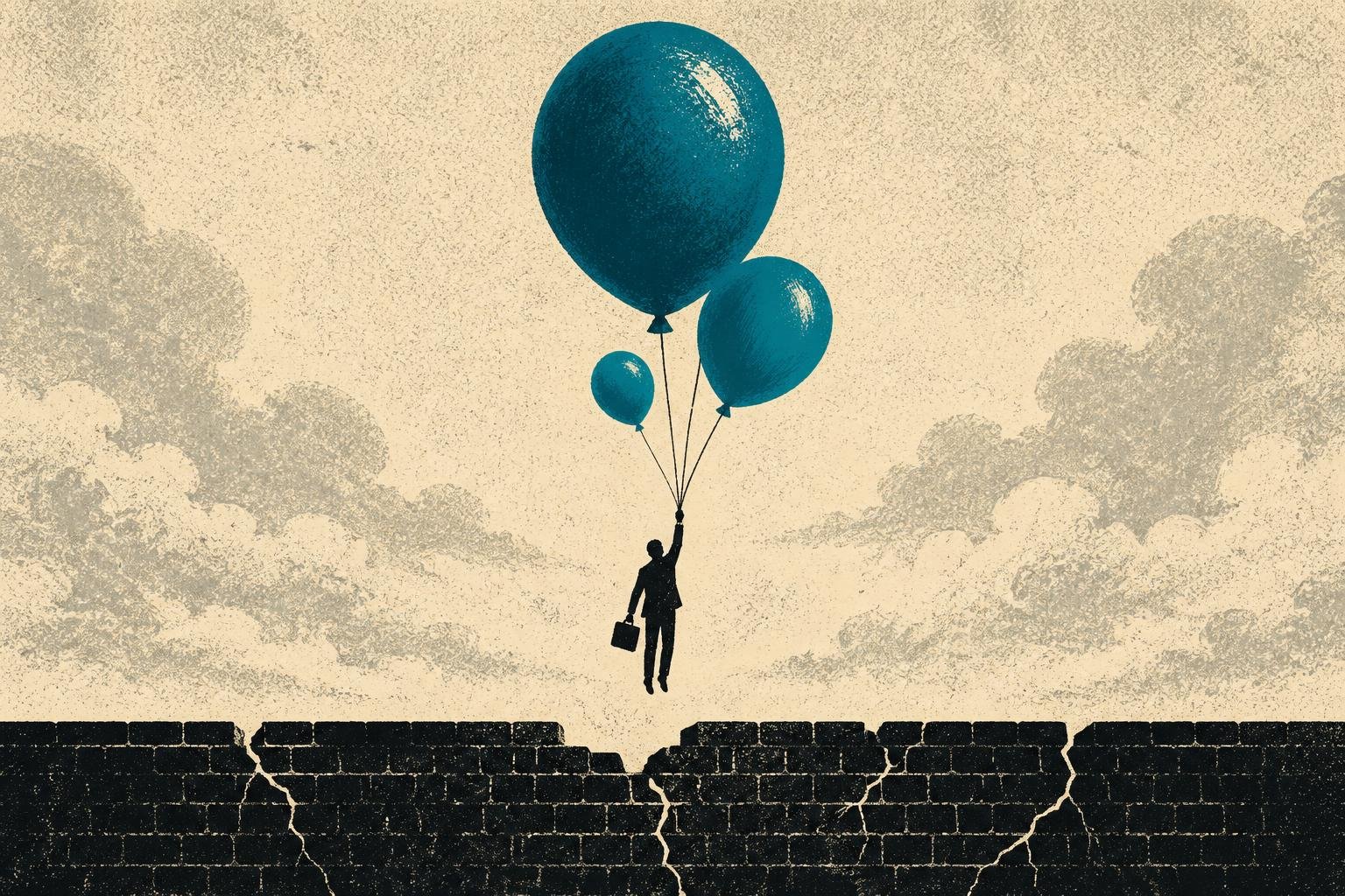 A silhouette of a knowledge worker with a briefcase being lifted by three teal balloons of different sizes, rising past a cracked brick wall into a warm cream sky