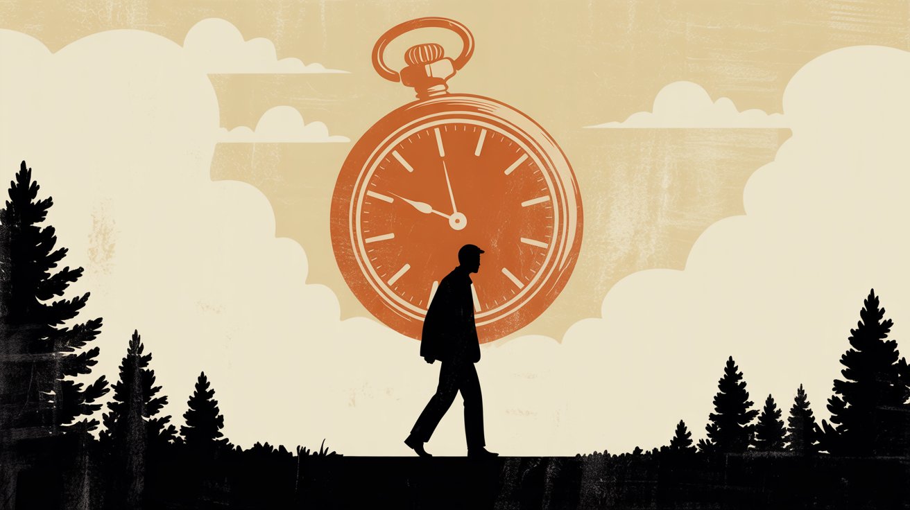 Editorial illustration of a knowledge worker carrying a giant burnt-orange pocket watch, representing the hour saved each week