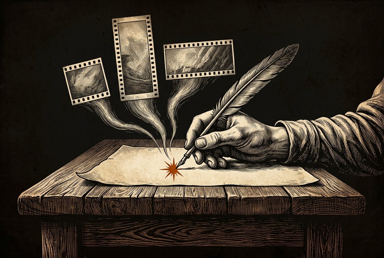 Vintage-engraving illustration of a hand with a quill writing on parchment, three small film-strip frames in different aspect ratios drifting upward, single burnt-orange starburst at the tip of the quill