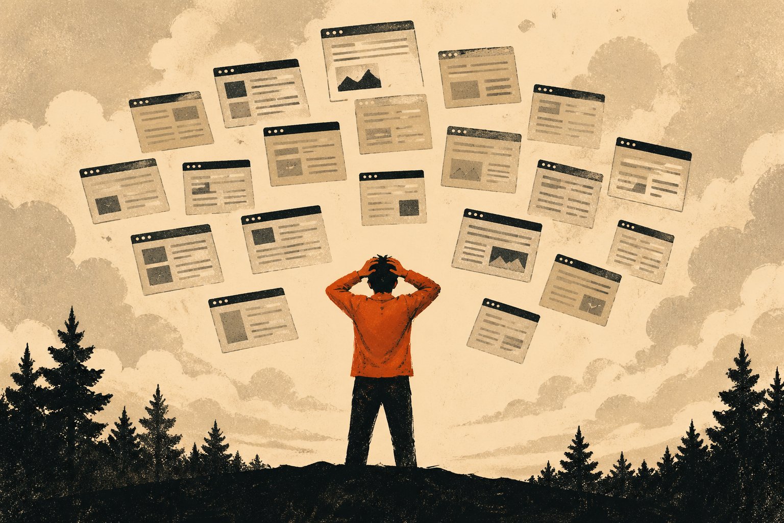Writer at a desk with NotebookLM open replacing a chaotic stack of 20 browser tabs