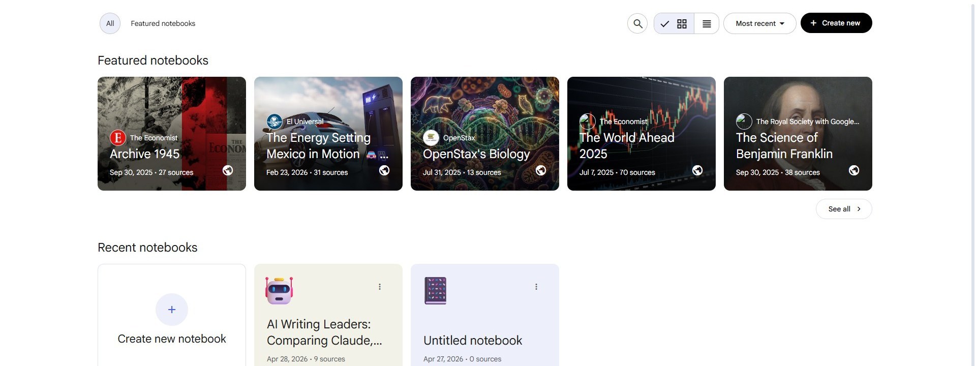 NotebookLM home dashboard with the + Create new button visible top-right