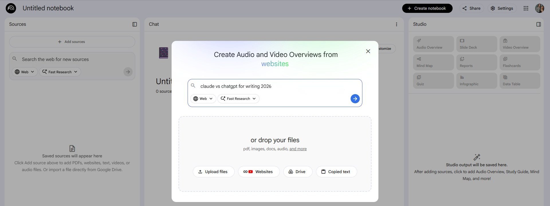 New-notebook source popup with the keyword typed into the search input and the blue submit arrow visible