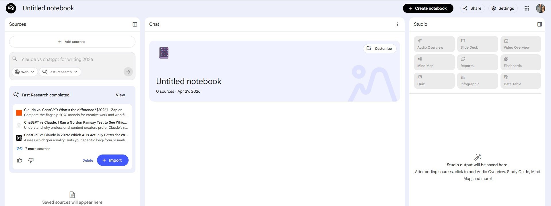 Fast Research completed view in NotebookLM showing the 3 source previews and the + Import button