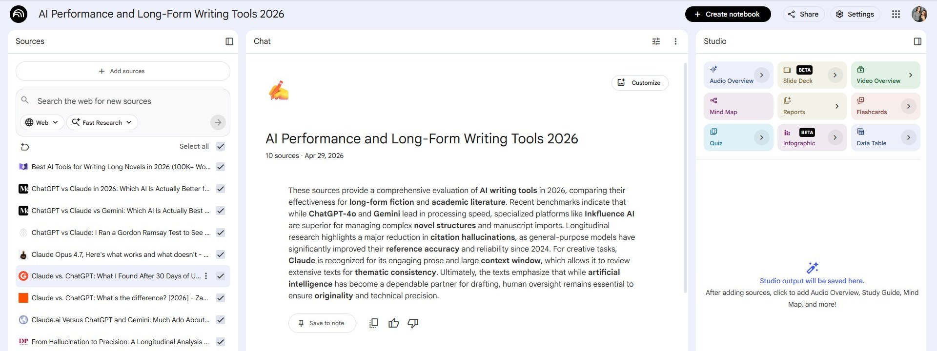 NotebookLM with all 10 SERP sources imported and indexed, auto-generated summary in chat