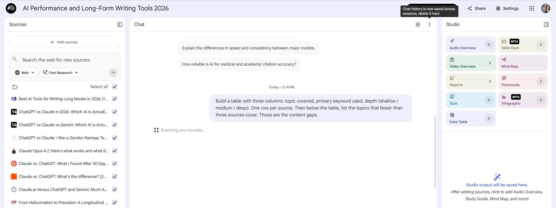 Gap-table prompt typed into the NotebookLM chat input ready to submit