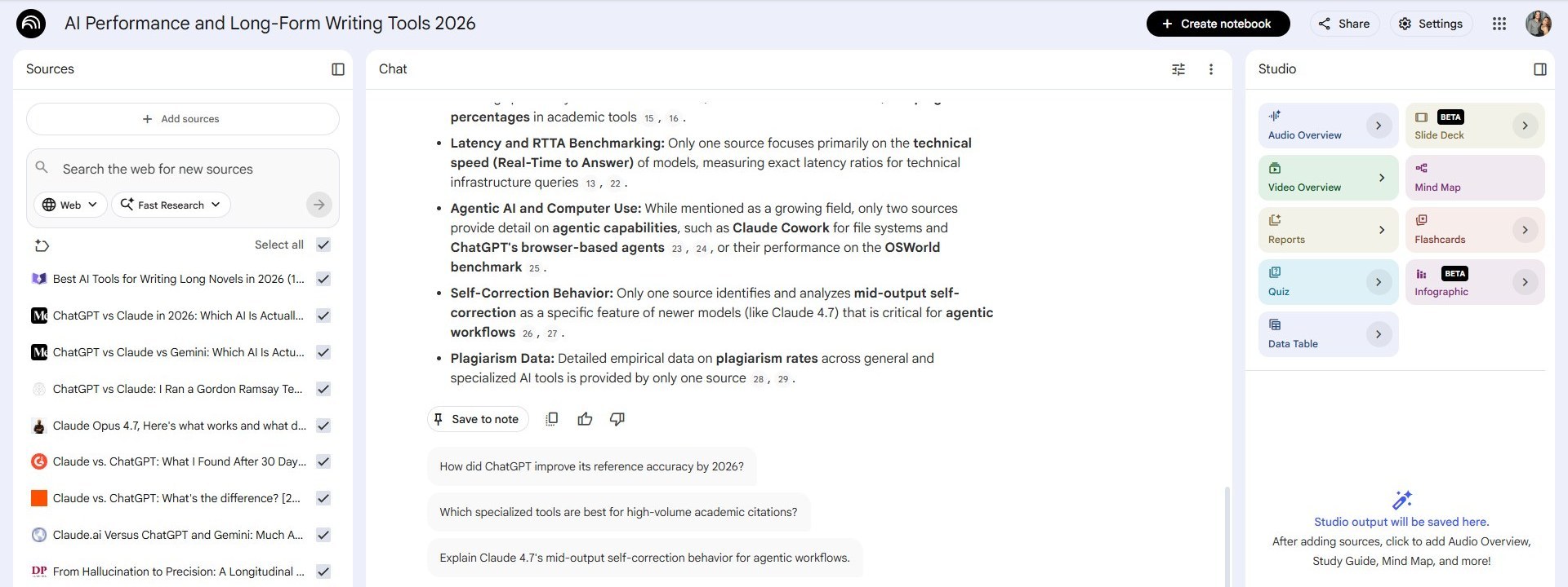NotebookLM gap-list response with content gaps named as bullets and citations linking back to sources